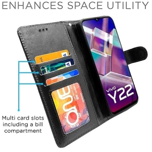 Vivo Y22 Flip Case Leather Finish | Inside TPU with Card Pockets | Wallet Stand and Shock Proof | Magnetic Closing | Complete Protection Flip Cover for Vivo Y22