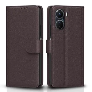 Vivo Y16 Flip Case Leather Finish | Inside TPU with Card Pockets | Wallet Stand and Shock Proof | Magnetic Closing | Complete Protection Flip Cover (Coffee)